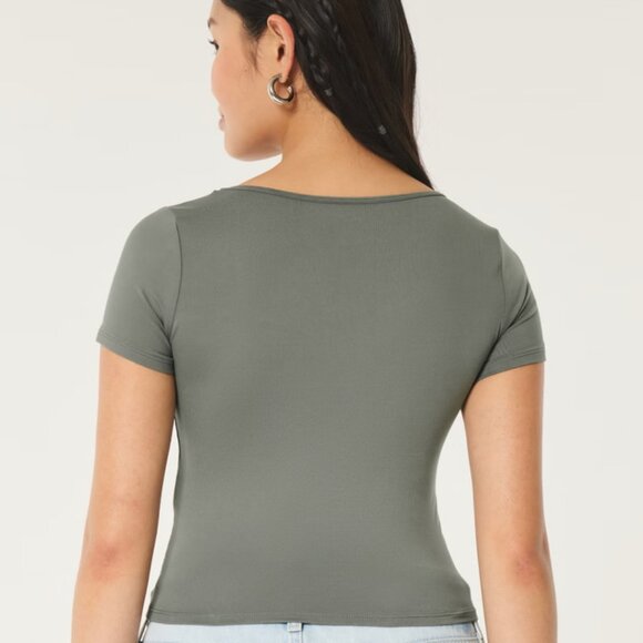 Hollister Blue Crop Fitted Short Sleeve T-Shirt- Square-Neck Baby Tee - Picture 8 of 8